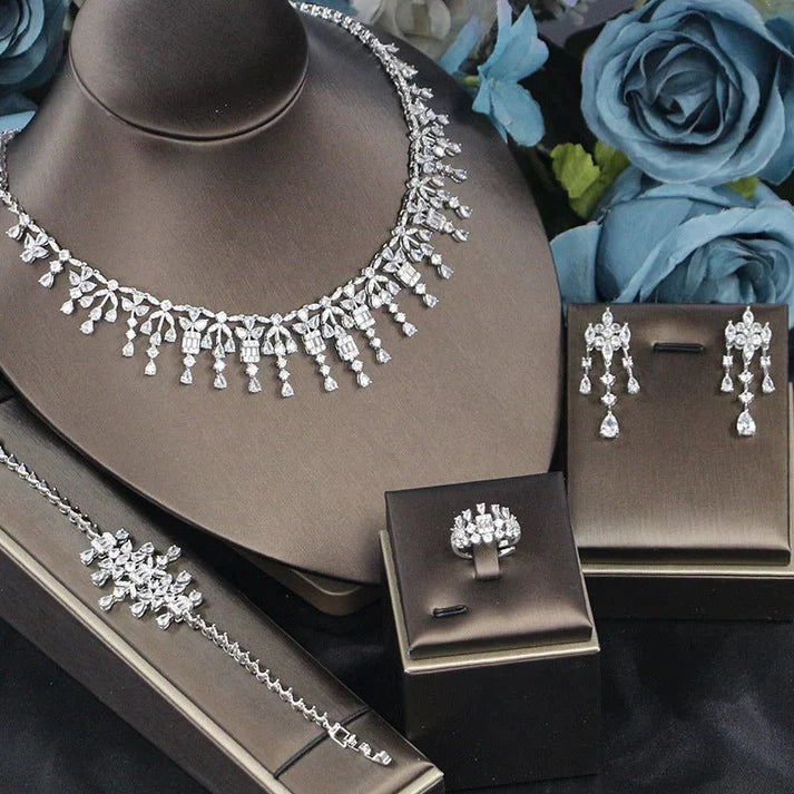 Bridal Zircon 3A Jewelry Set, Four-Piece Wedding Set, Elegant Necklace & Earrings, Luxury Zircon Bridal Jewelry, Sparkling Wedding Accessories, Bride Jewelry Set