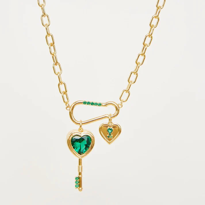 Fashion Emerald Love Key Necklace, Inlaid Zircon Pendant, Elegant Key Pendant, Women’s Fashion Jewelry, Luxury Zircon Necklace, Romantic Gift for Her