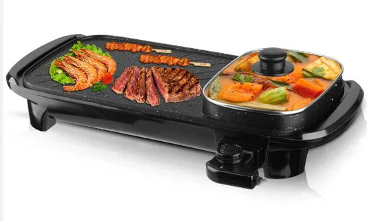 Multi-Functional Electric Baking Pan, Non-Stick Grill, Hot Pot Cooker, Adjustable Temperature, Smokeless Indoor BBQ