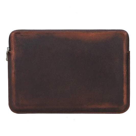 Retro Crazy Horse Leather Notebook Zipper Computer Bag – Vintage, Durable, Waterproof Laptop Sleeve for Business & Travel