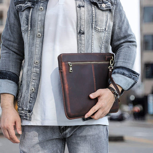 Retro Crazy Horse Leather Notebook Zipper Computer Bag – Vintage, Durable, Waterproof Laptop Sleeve for Business & Travel